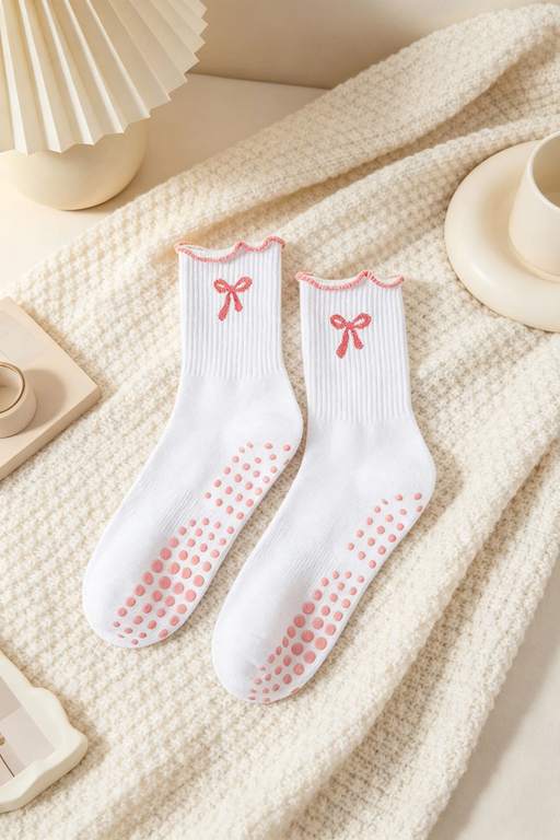 White Bow Accent Non-Slip Crew Socks