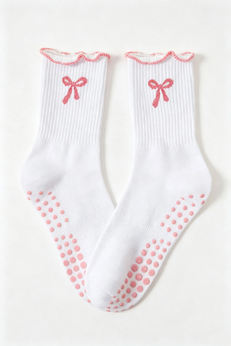 White Bow Accent Non-Slip Crew Socks