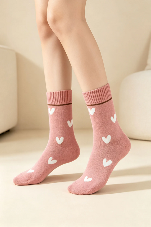 Pink Heart Print Cozy Crew Socks