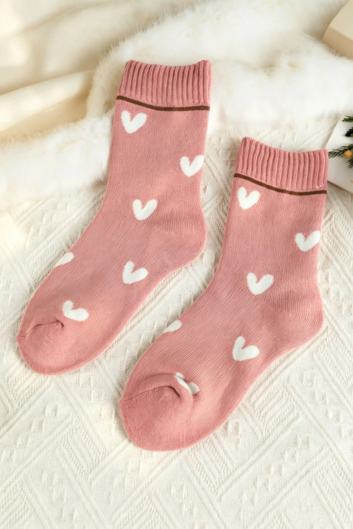 Pink Heart Print Cozy Crew Socks