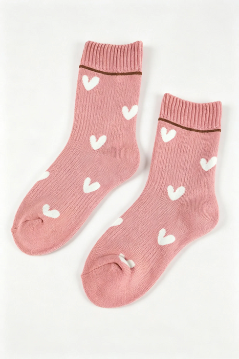 Pink Heart Print Cozy Crew Socks