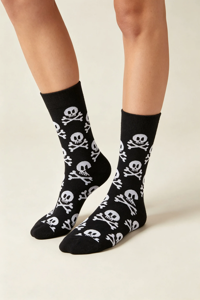 Black Skull Print Halloween Crew Socks