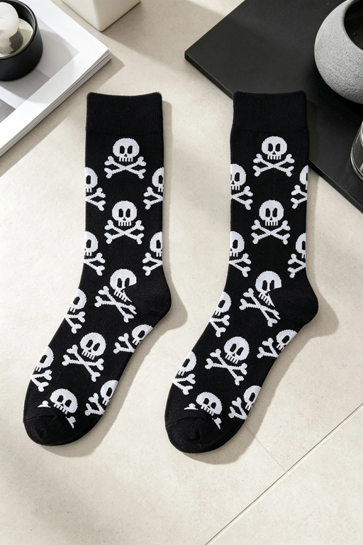 Black Skull Print Halloween Crew Socks