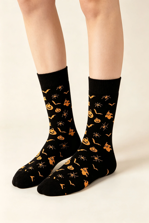 Black Halloween Print Cotton Crew Socks