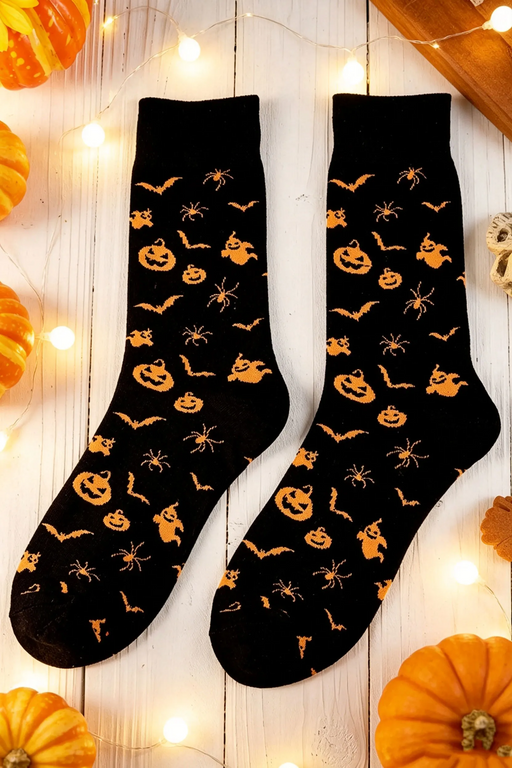Black Halloween Print Cotton Crew Socks
