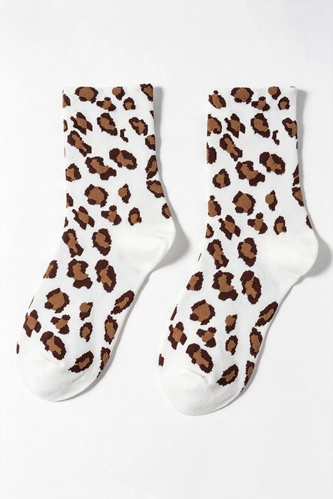 White Leopard Print Color Block Crew Socks