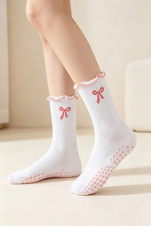 White Bow Accent Non-Slip Crew Socks